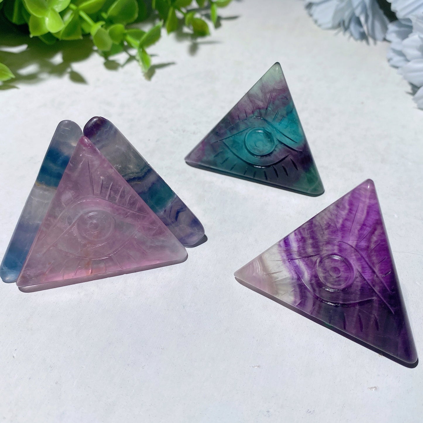 1.6" Fluorite Triangle Slab with Horu's Eye Carvings Bulk Wholesale