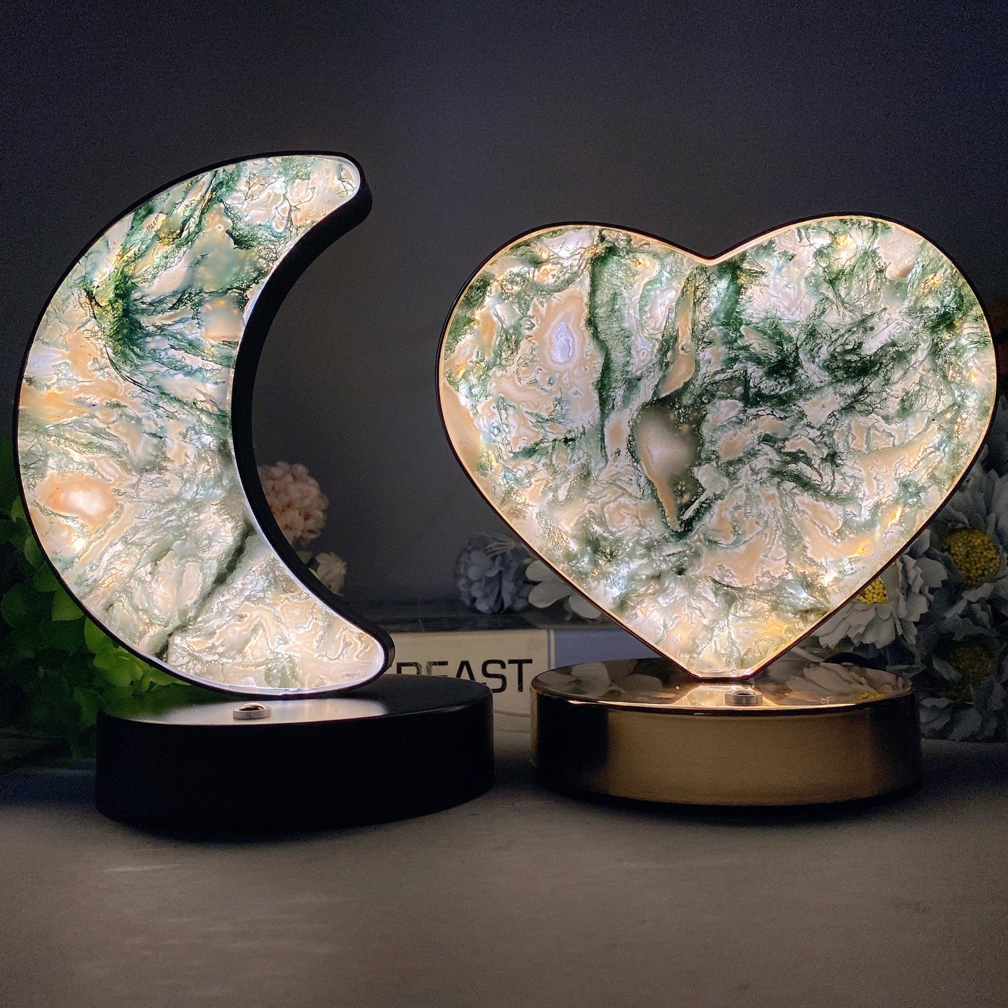 Moss Agate Fluorite Heart Moon Shape Lamp with USB Free Form Bulk Wholesale