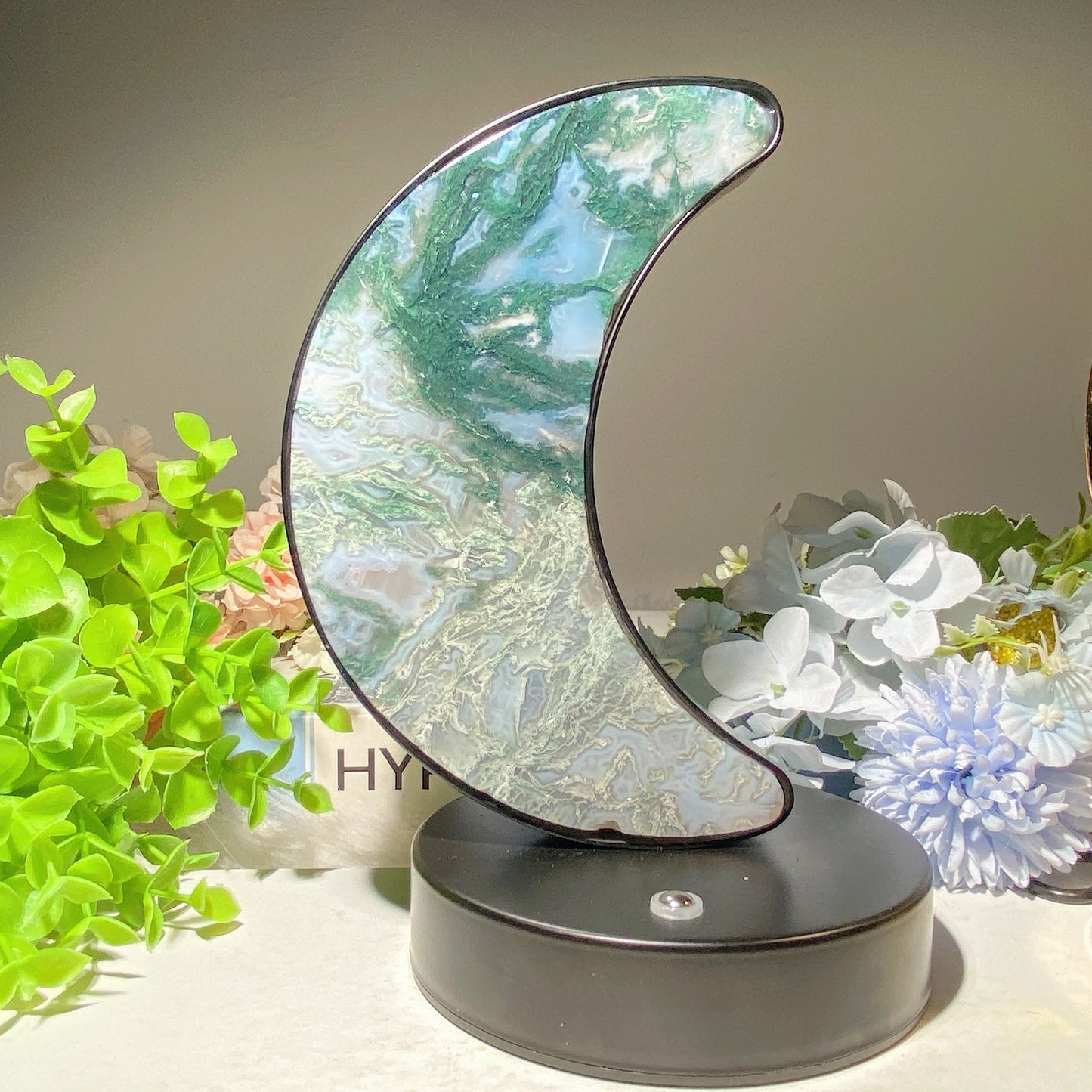 Moss Agate Fluorite Heart Moon Shape Lamp with USB Free Form Bulk Wholesale