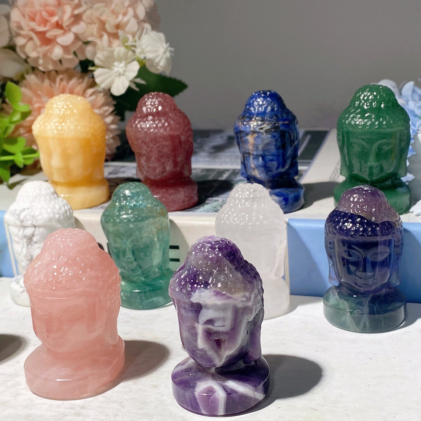 2.0" Mixed Crystal Buddha Head Carvings Bulk Wholesale