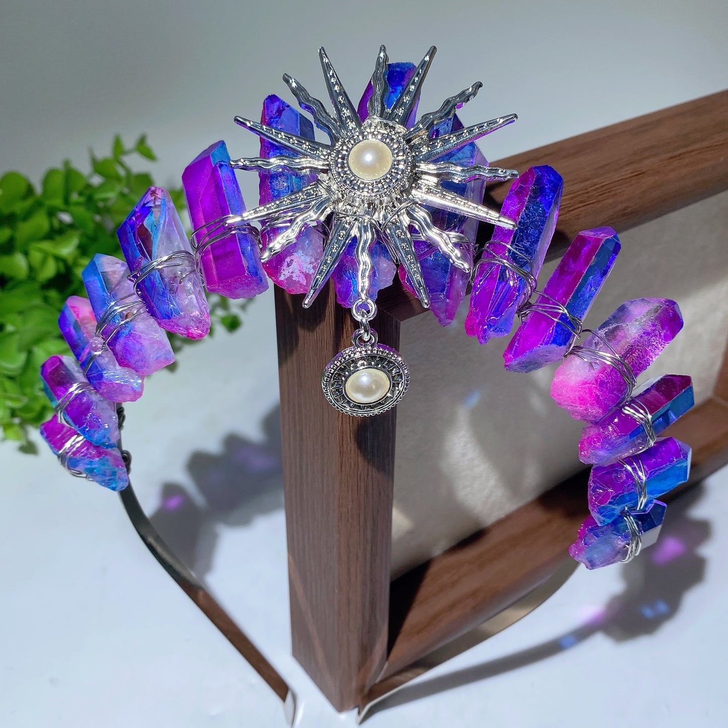 Mixed Aura Crystal Crown with Pearl Sun Decor Bulk Wholesale