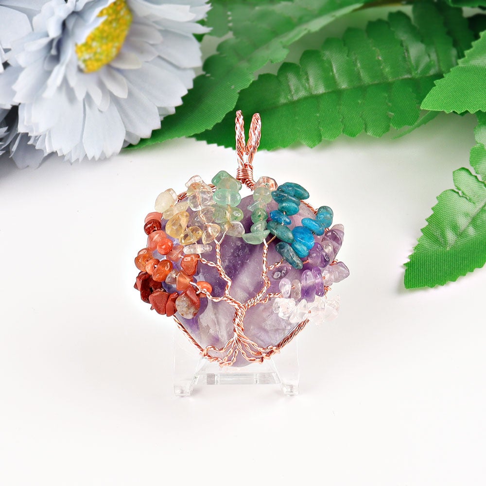 2" Chakra Tree of Life Wire Wrapped Heart Pendant Wholesale Crystals USA