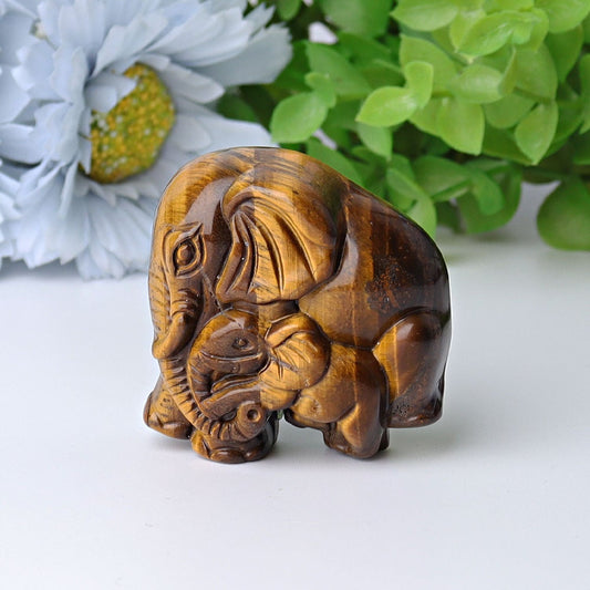 1.8" Yellow Tiger's Eye Elephant Baby & Mother Crystal Carvings Wholesale Crystals USA