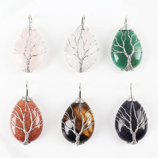 Teardrop Shape Crystal Stone Wire Wrapped Copper Tree of Life Chakra Pendant Wholesale Crystals USA