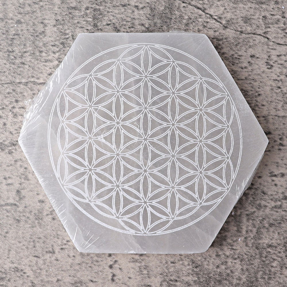 6" Hexagon Selenite Coaster with Printing Wholesale Crystals USA