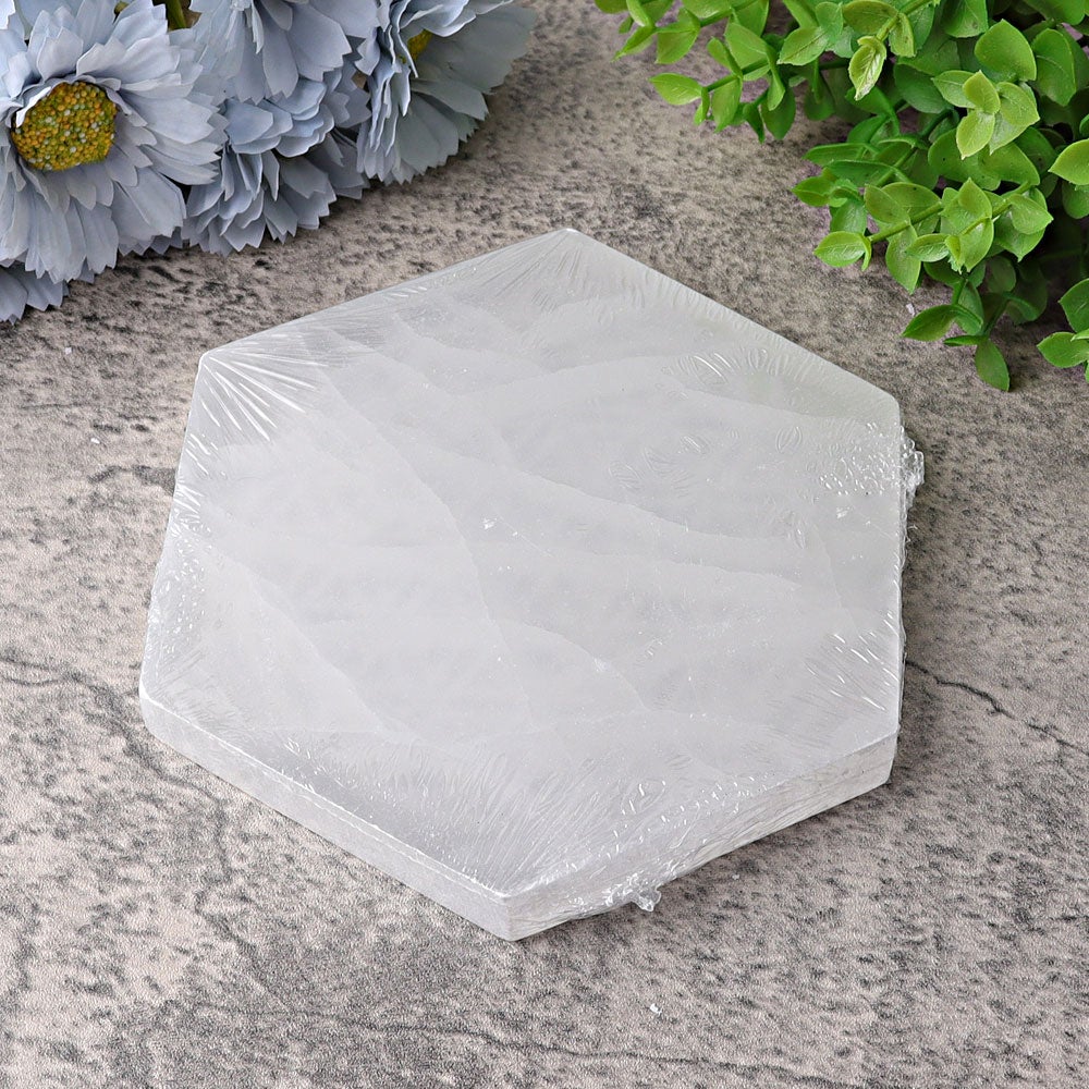 6" Hexagon Selenite Coaster with Printing Wholesale Crystals USA