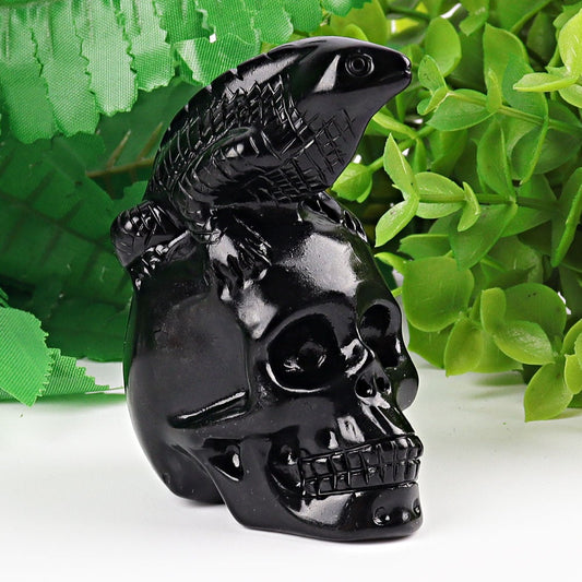 2.8" Black Obsidian Skull with Lizard Decoration Carvings Wholesale Crystals USA