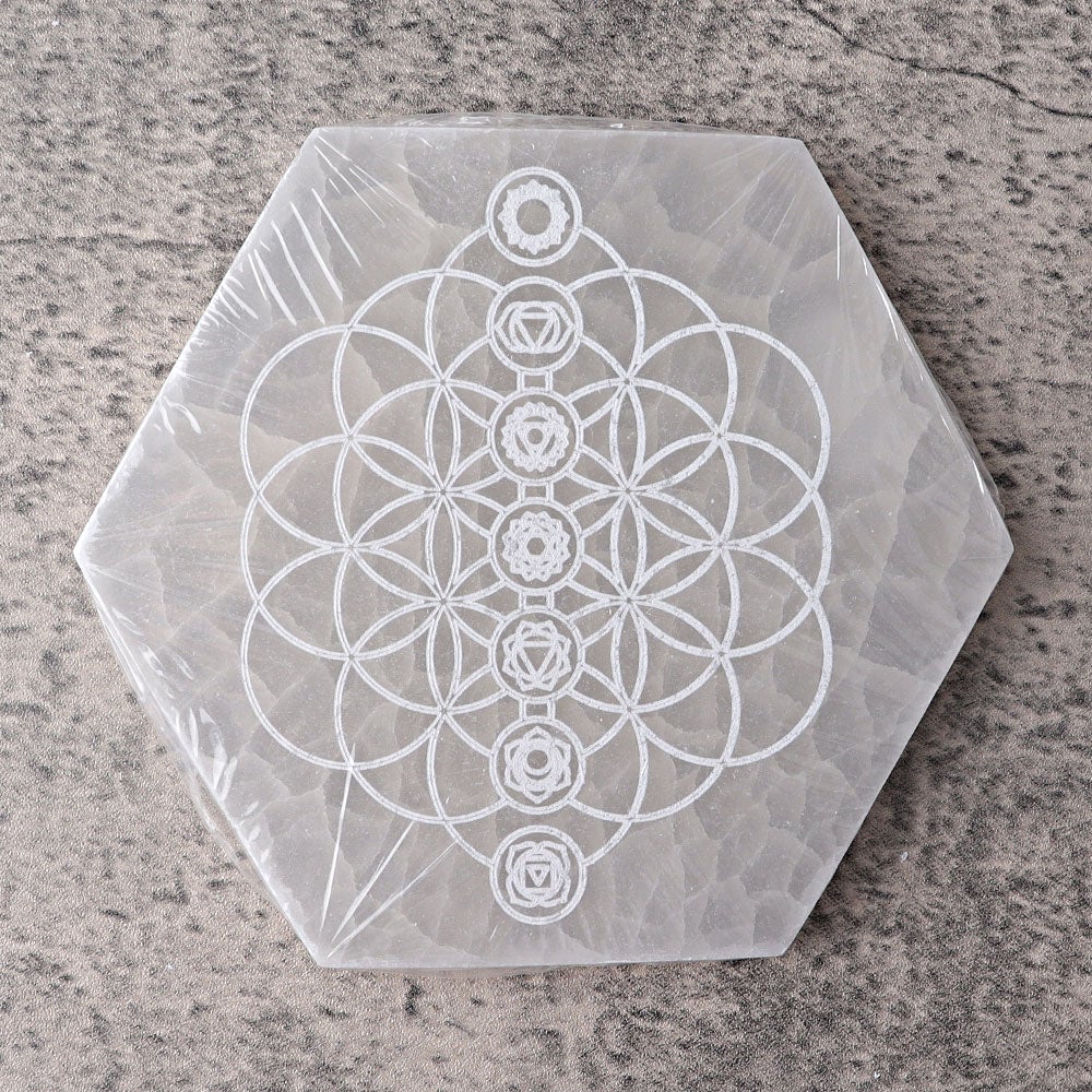 6" Hexagon Selenite Coaster with Printing Wholesale Crystals USA