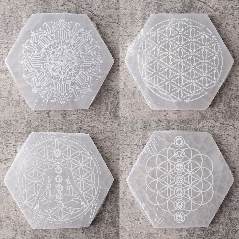 6" Hexagon Selenite Coaster with Printing Wholesale Crystals USA