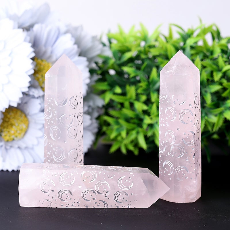 3.6" Rose Quartz with Moon Printing Crystal Point Wholesale Crystals USA