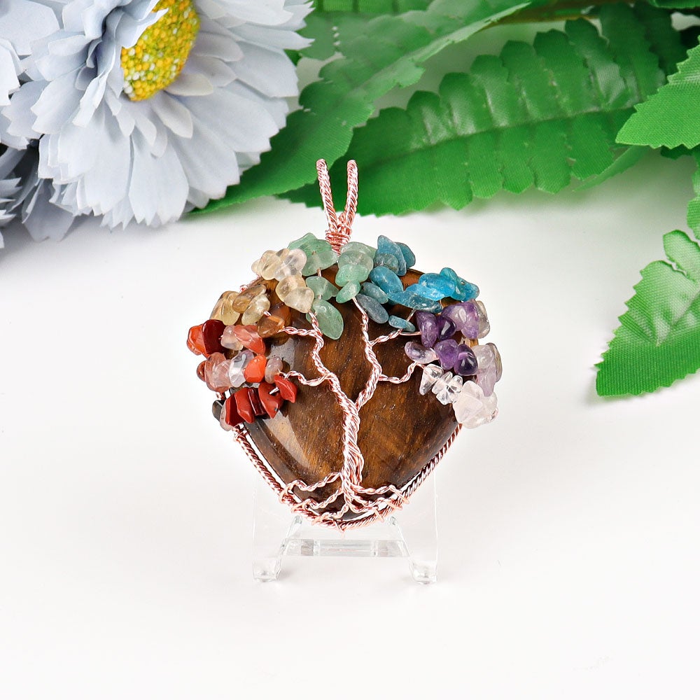 2" Chakra Tree of Life Wire Wrapped Heart Pendant Wholesale Crystals USA