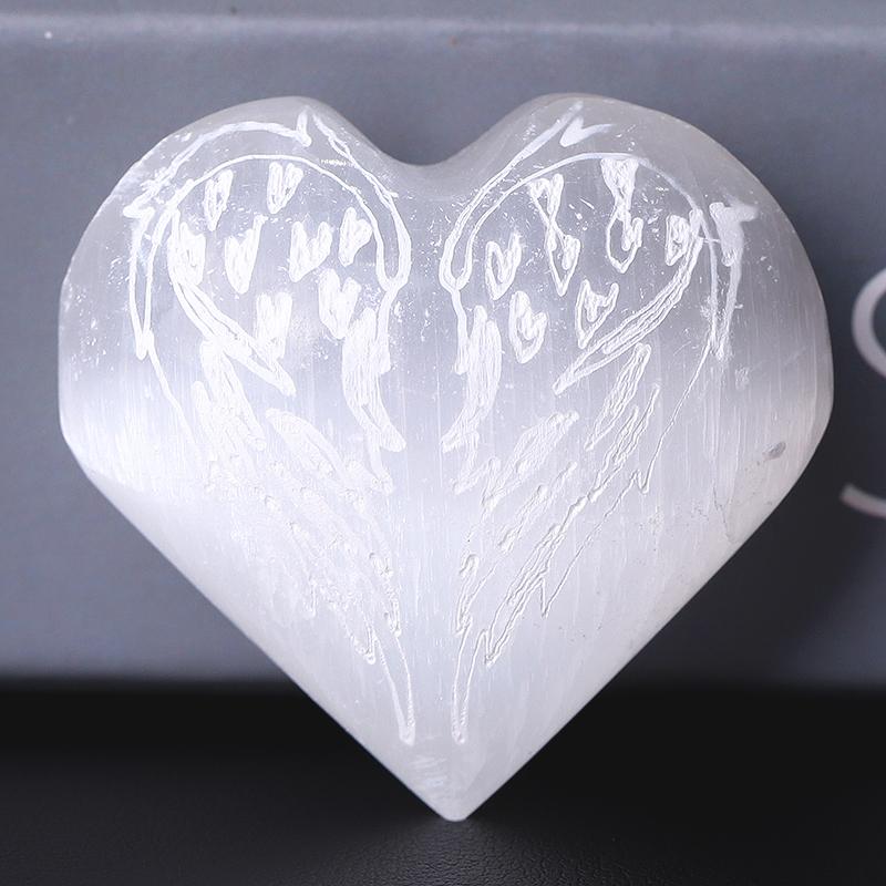 1.5" Selenite Heart Palm Stone with Laser Engraving Pattern