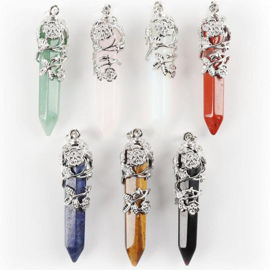 Natural Healing Flower Wrapped Crystal Point Pendant Wholesale Crystals USA