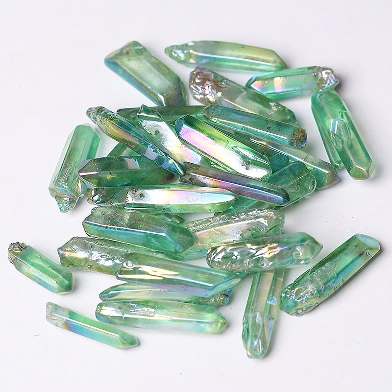 Drilled Green Aura Quartz Crystal Points Raw Rough Clear Rock Quartz Sticks