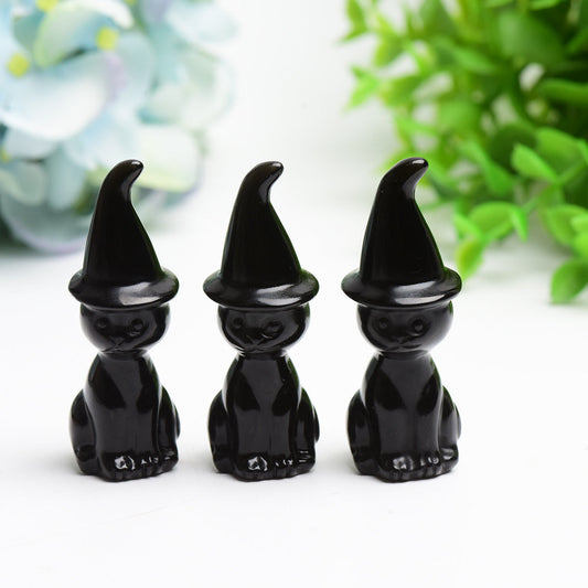 2.3" Black Obsidian Cat with Wizard Hat Carving Bulk Wholesale  Crystals USA