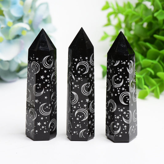 3.0"-3.5" Black Obsidian Crystal Point with Silver Moon Star Printing Bulk Wholesale  Crystals USA