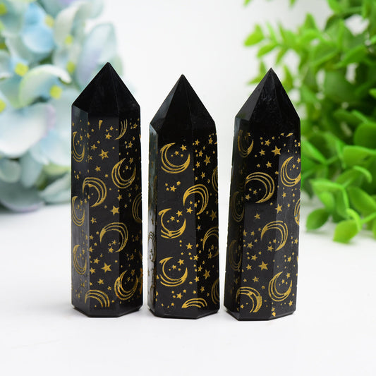 3.0"-3.5" Black Obsidian Crystal Point with Golden Moon Star Printing Bulk Wholesale  Crystals USA