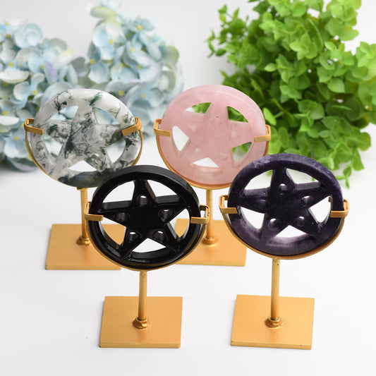 Mixed Crystal Pentagram Plate Carving with Metal Stand Bulk Wholesale  Crystals USA