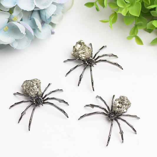 2.0" Metal Spider with Raw Pyrite Stone Decor Free Form for Bulk Wholesale Wholesale Crystals USA