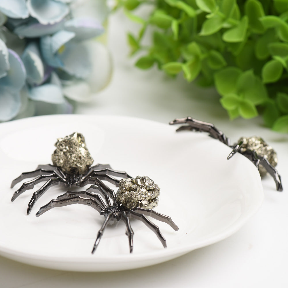 2.0" Metal Spider with Raw Pyrite Stone Decor Free Form for Bulk Wholesale Wholesale Crystals USA