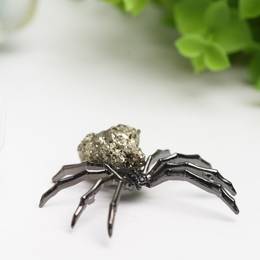 2.0" Metal Spider with Raw Pyrite Stone Decor Free Form for Bulk Wholesale Wholesale Crystals USA