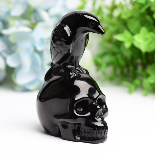 4.5" Black Obsidian Skull with Raven Decor for Halloween Wholesale Crystals USA