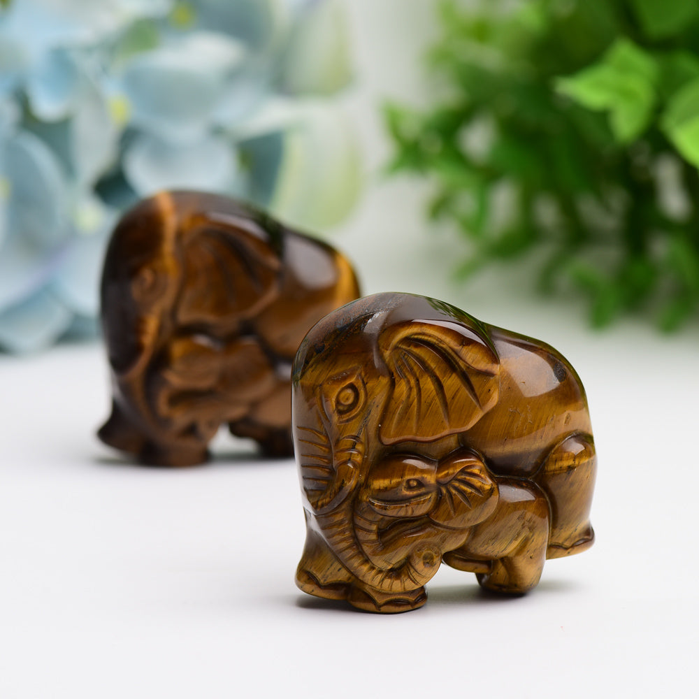 1.8" Tiger's Eye Mother & Baby Elephant Animal Crystal Carving Wholesale Crystals USA