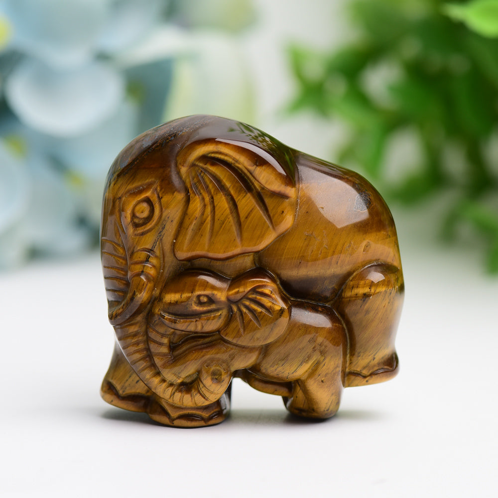 1.8" Tiger's Eye Mother & Baby Elephant Animal Crystal Carving Wholesale Crystals USA