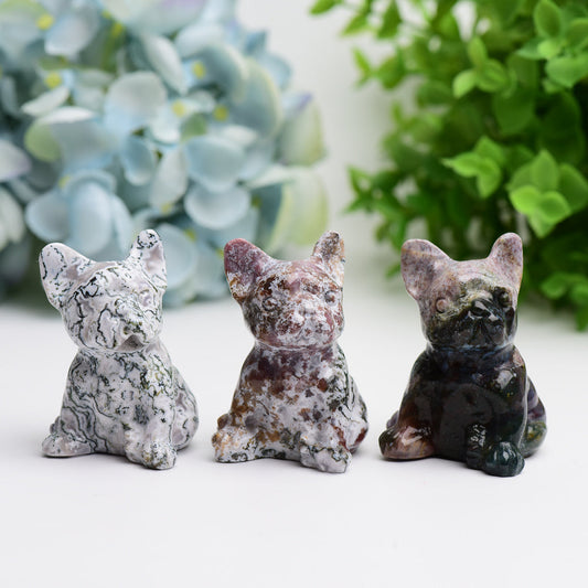 2.4" Moss Agate Bulldog Animal Crystal Carving Wholesale Crystals USA