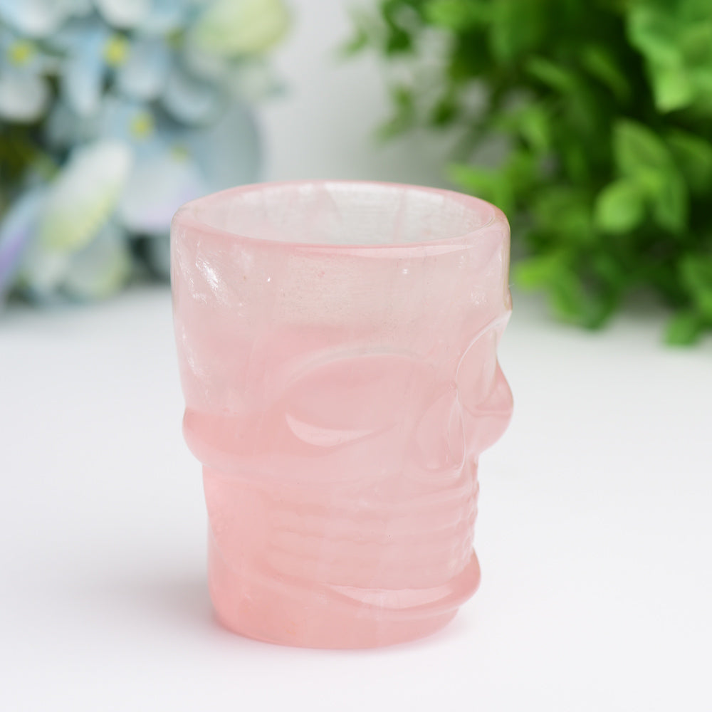 2.8" Rose Quartz Cup with Skull Carving Decor for Bulk Wholesale Wholesale Crystals USA