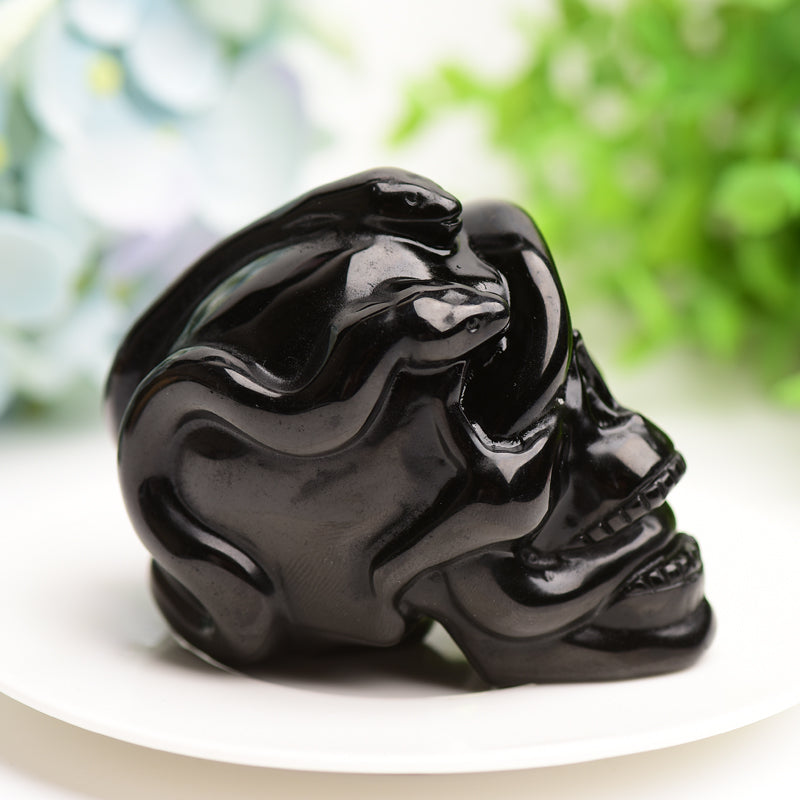 2.9" Black Obsidian Crystal Skull with Snake Decor for Halloween Bulk Wholesale Wholesale Crystals USA