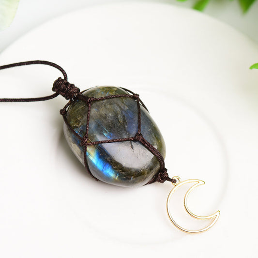 Rope Warrped Labradorite Stone Necklace with metal Moon Decor Bulk Wholesale Wholesale Crystals USA