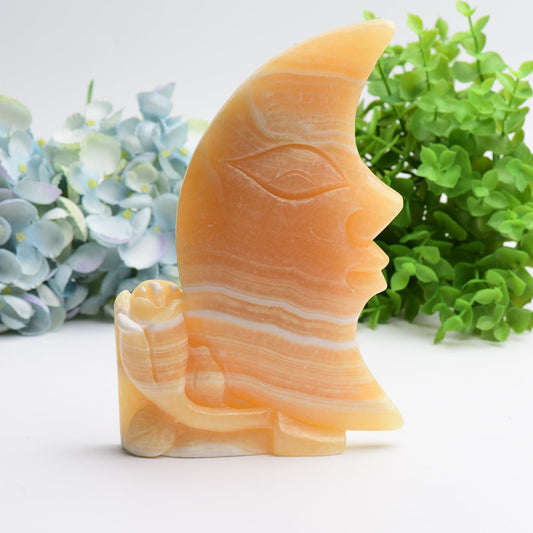 8.0" Huge Orange Calcite Moon Face and Rose Crystal Carving Free Form Bulk Wholesale Wholesale Crystals USA