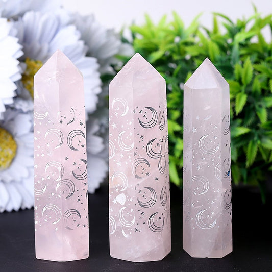 3.6" Rose Quartz with Moon Printing Crystal Point Wholesale Crystals USA