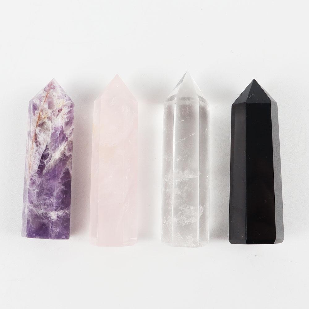 4pcs Amethyst Rose Quartz Rock Quartz Black Obsidian Natural Crystal Points  Wands for Healing Wholesale Crystals USA