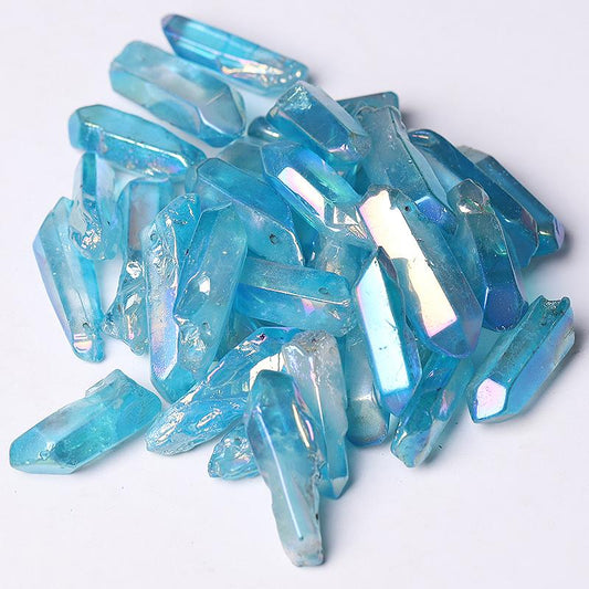 Drilled Blue Aura Quartz Crystal Points Raw Rough Clear Rock Quartz Sticks