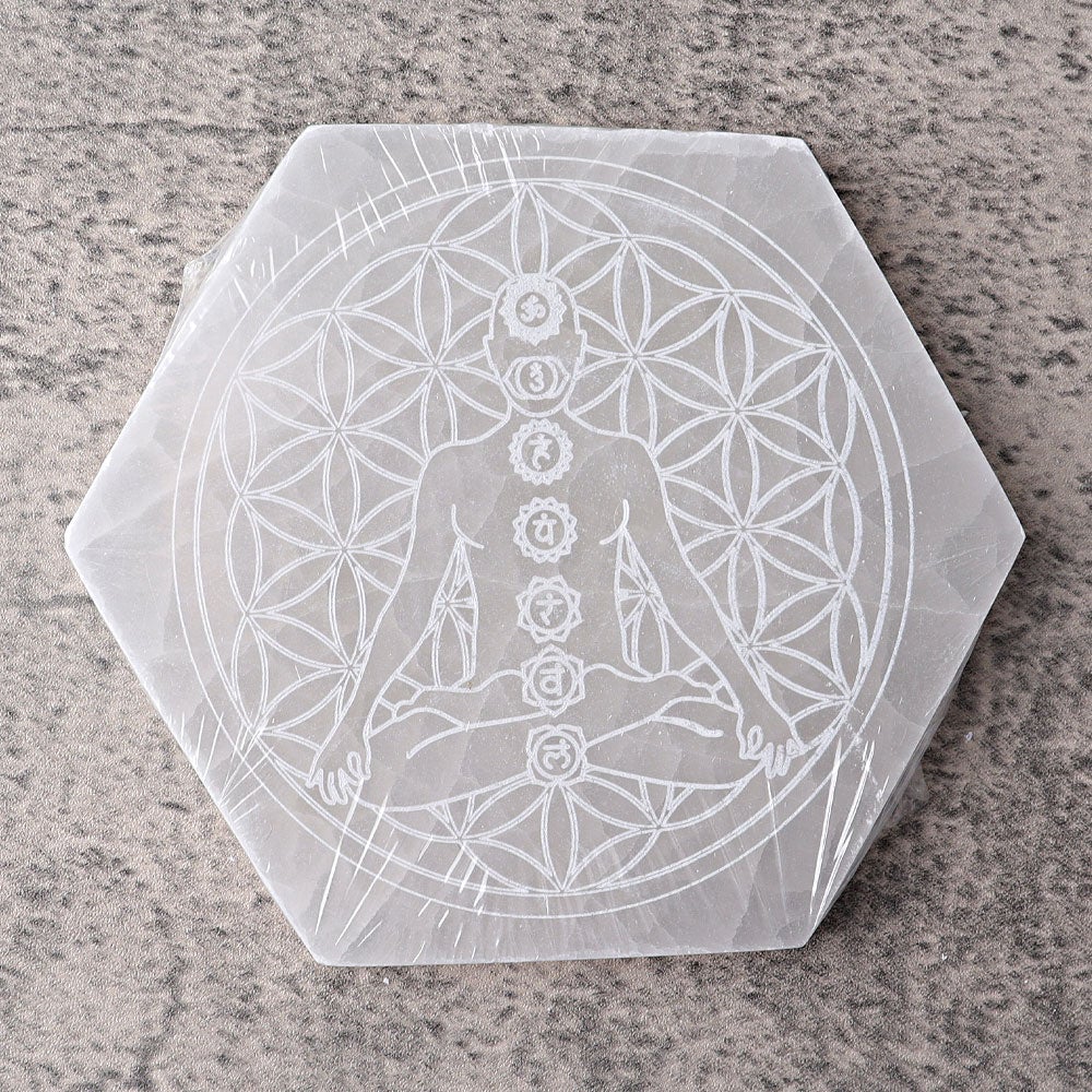 6" Hexagon Selenite Coaster with Printing Wholesale Crystals USA