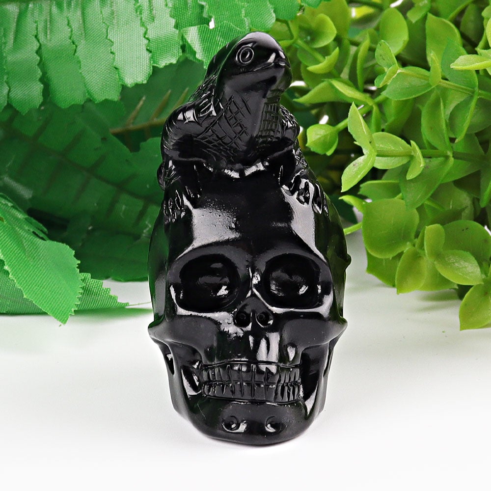 2.8" Black Obsidian Skull with Lizard Decoration Carvings Wholesale Crystals USA