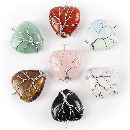 Silver Tree Of Life Wire Wrapped Heart Shape Stone Pendant Wholesale Crystals USA