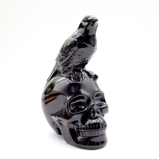 Black Obsidian Skull with Crow - Skull Carving, Obsidian Skull Wholesale Crystals USA