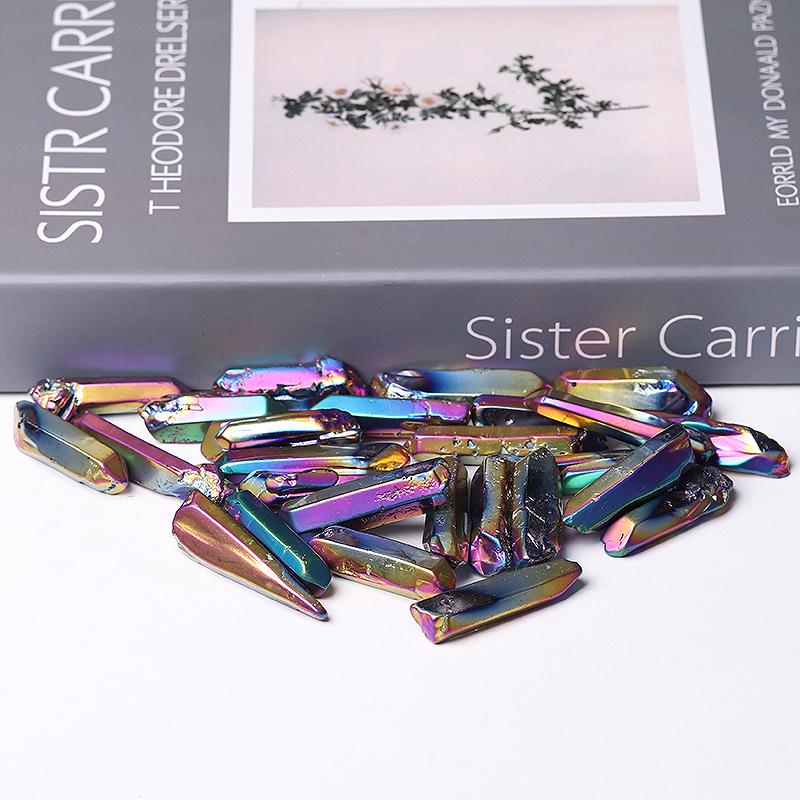 Drilled Titanium Aura Quartz Crystal Points Raw Rough Clear Rock Quartz Sticks