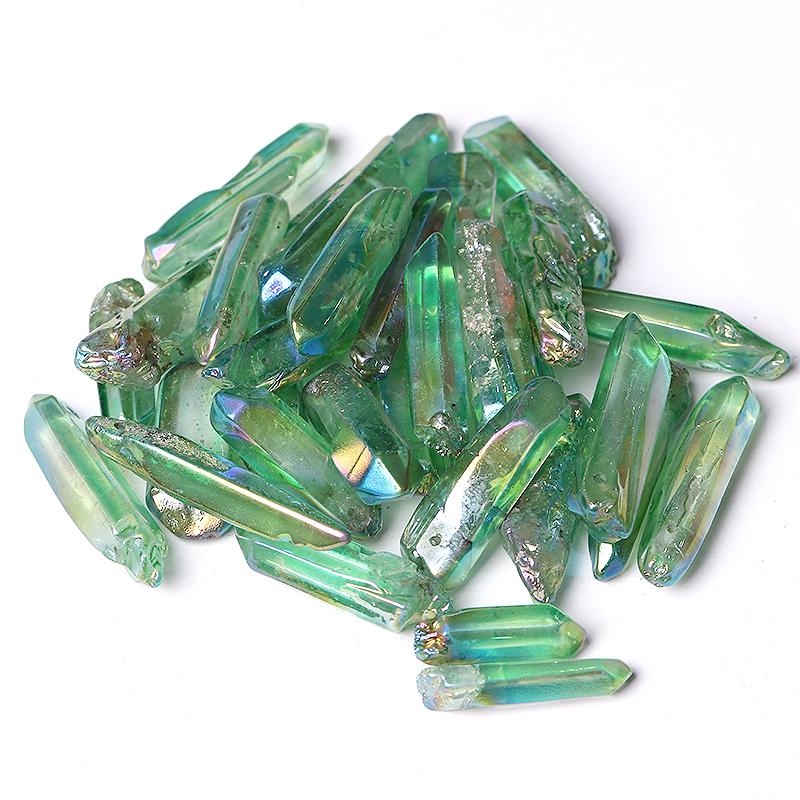 Drilled Green Aura Quartz Crystal Points Raw Rough Clear Rock Quartz Sticks