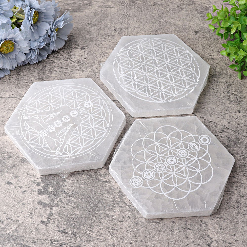 6" Hexagon Selenite Coaster with Printing Wholesale Crystals USA