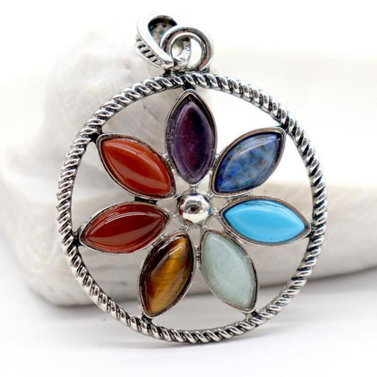 Stainless Steel Vintage Gothic Buddhist Tibetan Lotus 7 Chakra Gemstone Pendant Wholesale Crystals USA