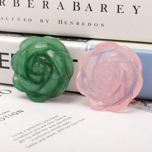 Set of 2 Aventurine Rose Quartz Flower Carvings